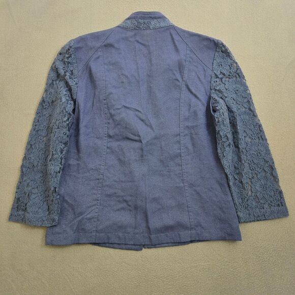 Chico's Women 1 US M Dark Blue Silver Zip Lace Moto Notched Collared Open Blazer - Picture 2 of 12